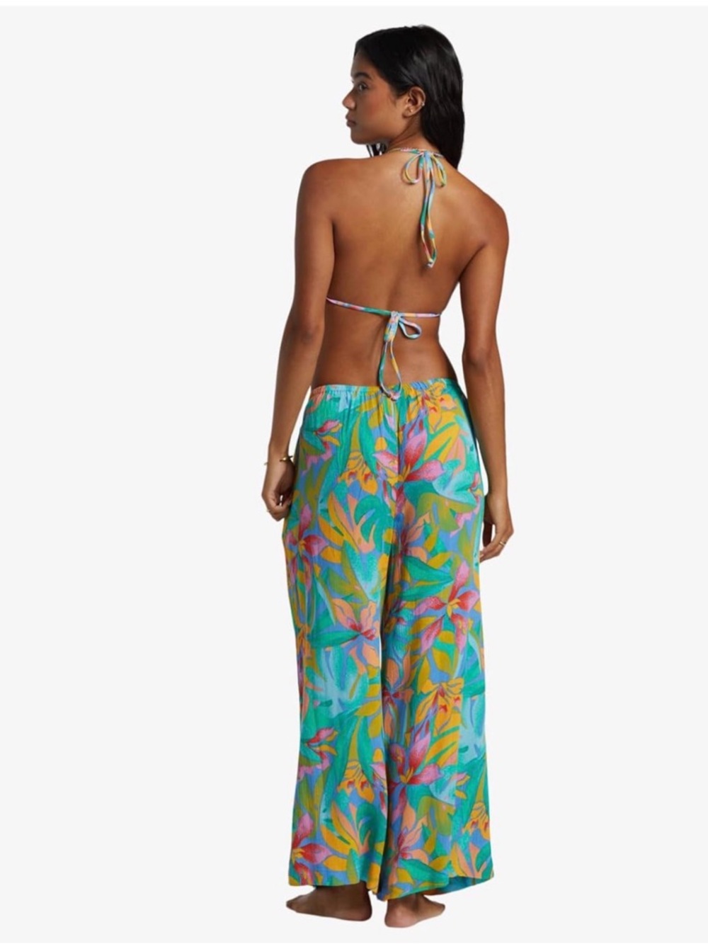Billabong Tropical Wide Leg Teal Multi Color Pants Boho Beach Vacation Resort S - Picture 2 of 16